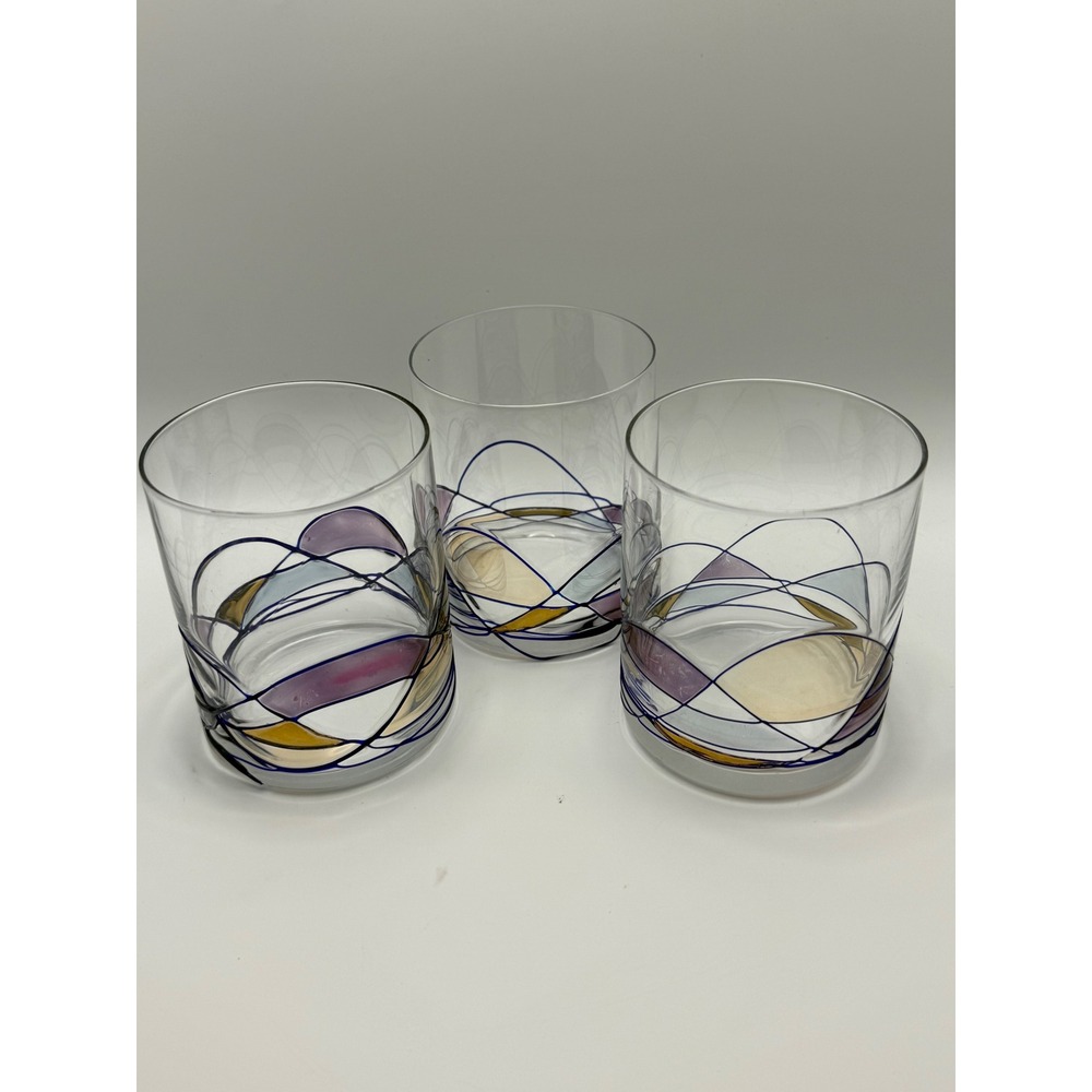 Vintage Abstract Swirl Rocks Glasses Set of 3 Blue Purple Gold Stained Glass MCM